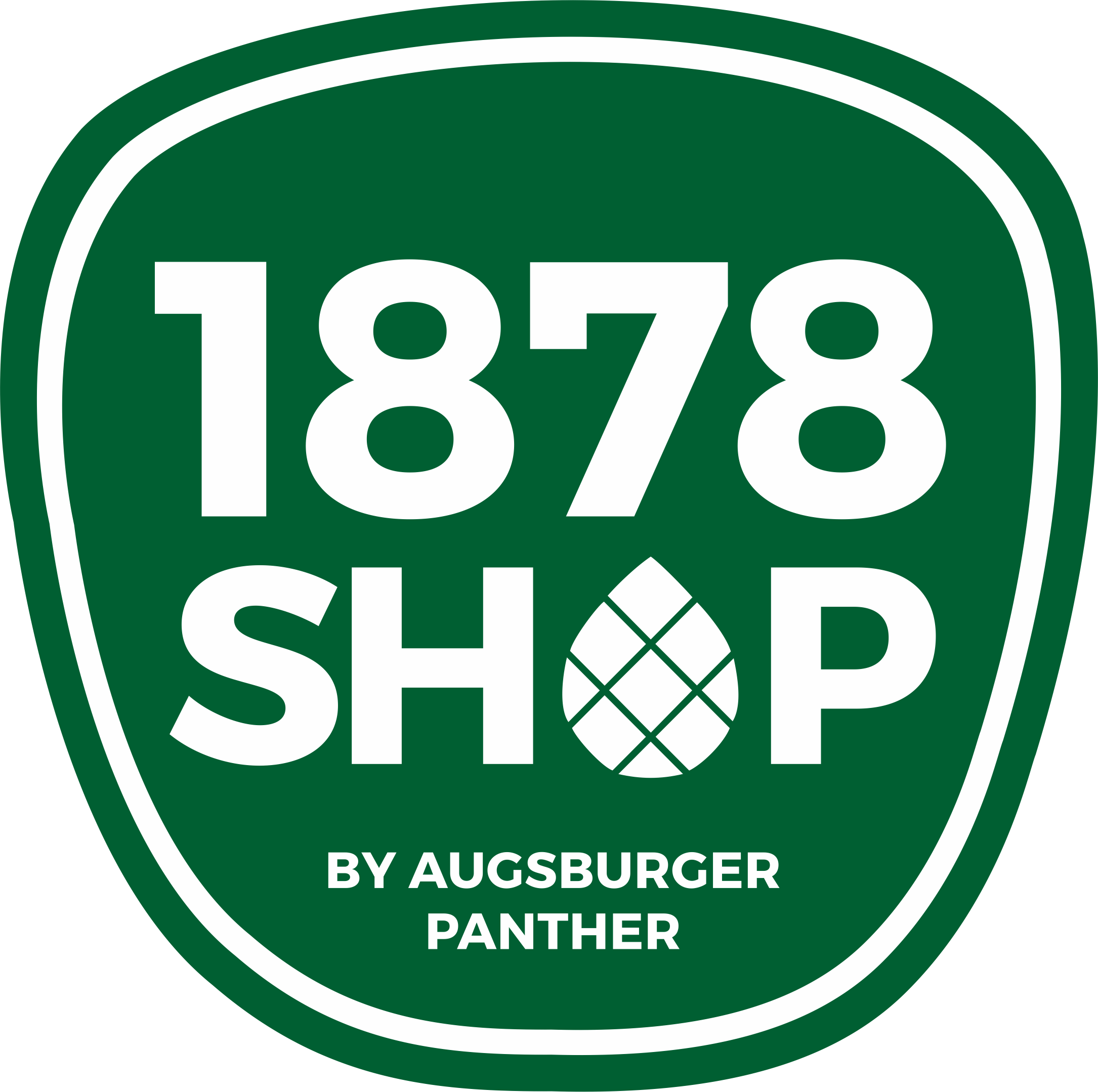 Das 1878-Shop Logo:  weißer 1878-Shop Schriftzug auf grünem Untergrund in der Form des AEV-Logos