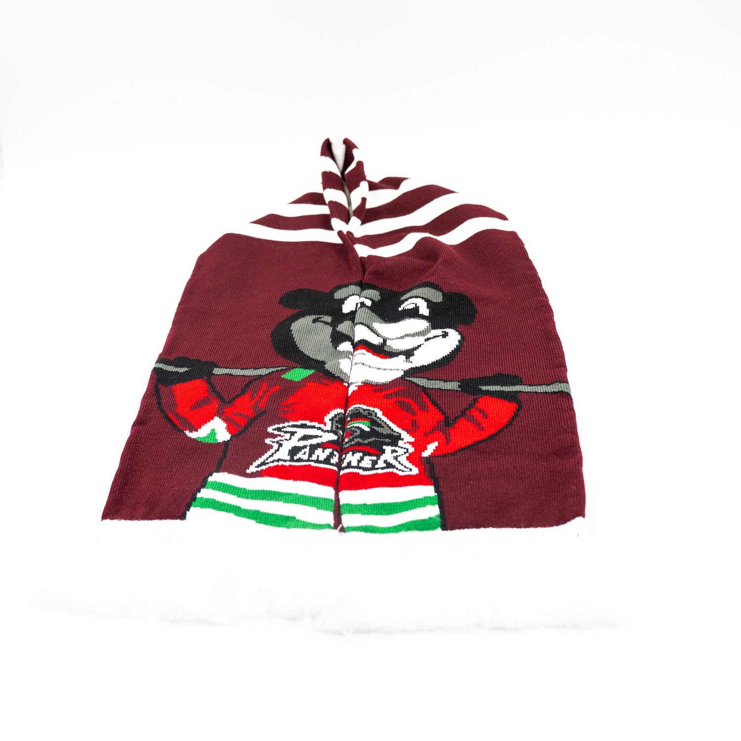 dunkelroter Schal, halbierter Datschi auf dem linken und rechten Schalende, der zu einem wird, wenn man sich den Schal um den Hals legt