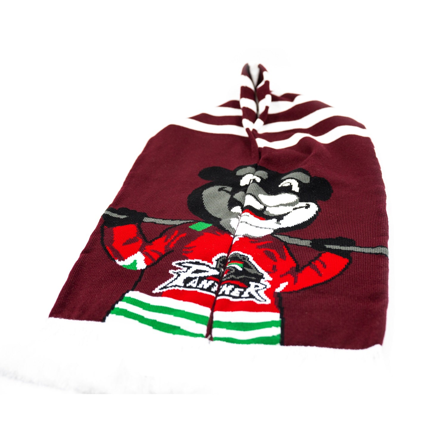 dunkelroter Schal, halbierter Datschi auf dem linken und rechten Schalende, der zu einem wird, wenn man sich den Schal um den Hals legt