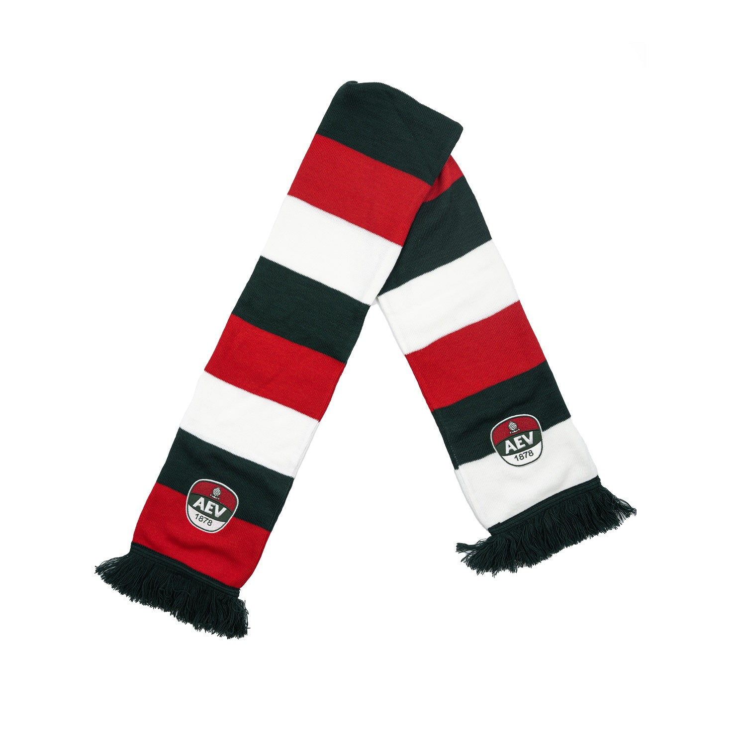 Balkenschal: Rot-grün-weiße Balken und AEV-Logos sowie grünen Fransen an beiden Enden.