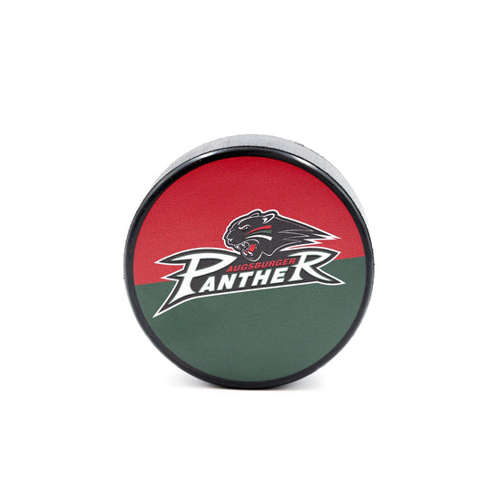 Puck mit rot-grünem Hintergrund und darauf gedrucktem Pantherwappen