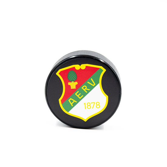 Puck mit aufgedrucktem AERV-Logo