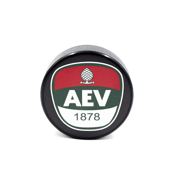 Puck mit aufgedrucktem AEV-Wappen
