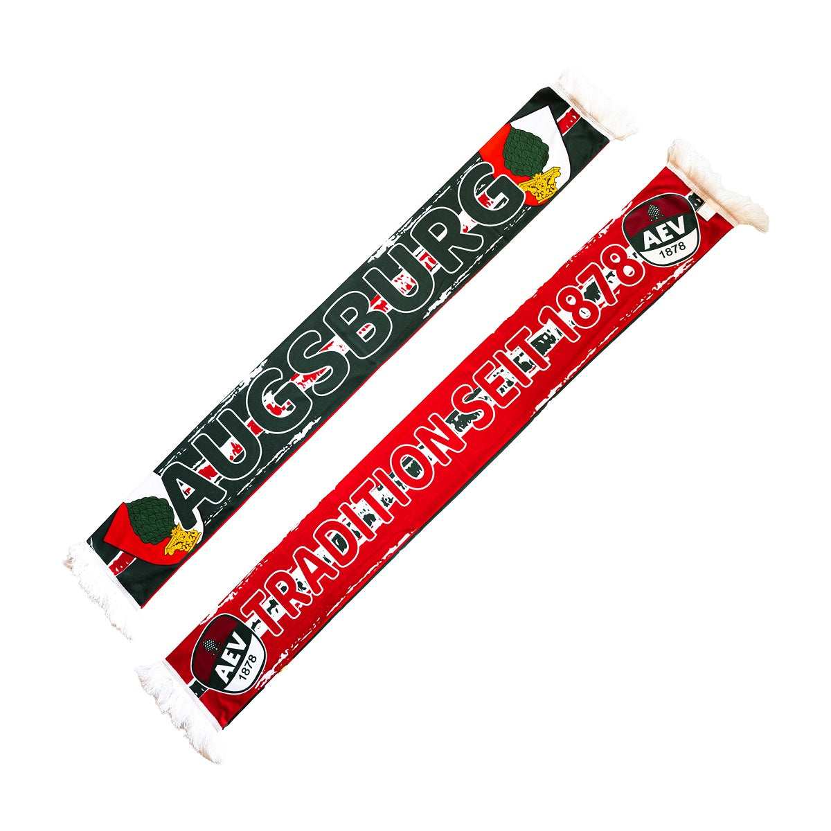 Auf der ersten Schalseite (im Bild oben) ist außen jeweils das Augsburger Stadtwappen, in der Mitte der Schriftzug "AUGSBURG" abgebildet. Auf der zweiten Schalseite (im Bild unten) ist außen jeweils das AEV-Wappen klein an den Seiten und in der Mitte groß der Schriftzug "TRADITION SEIT 1878"zu sehen.