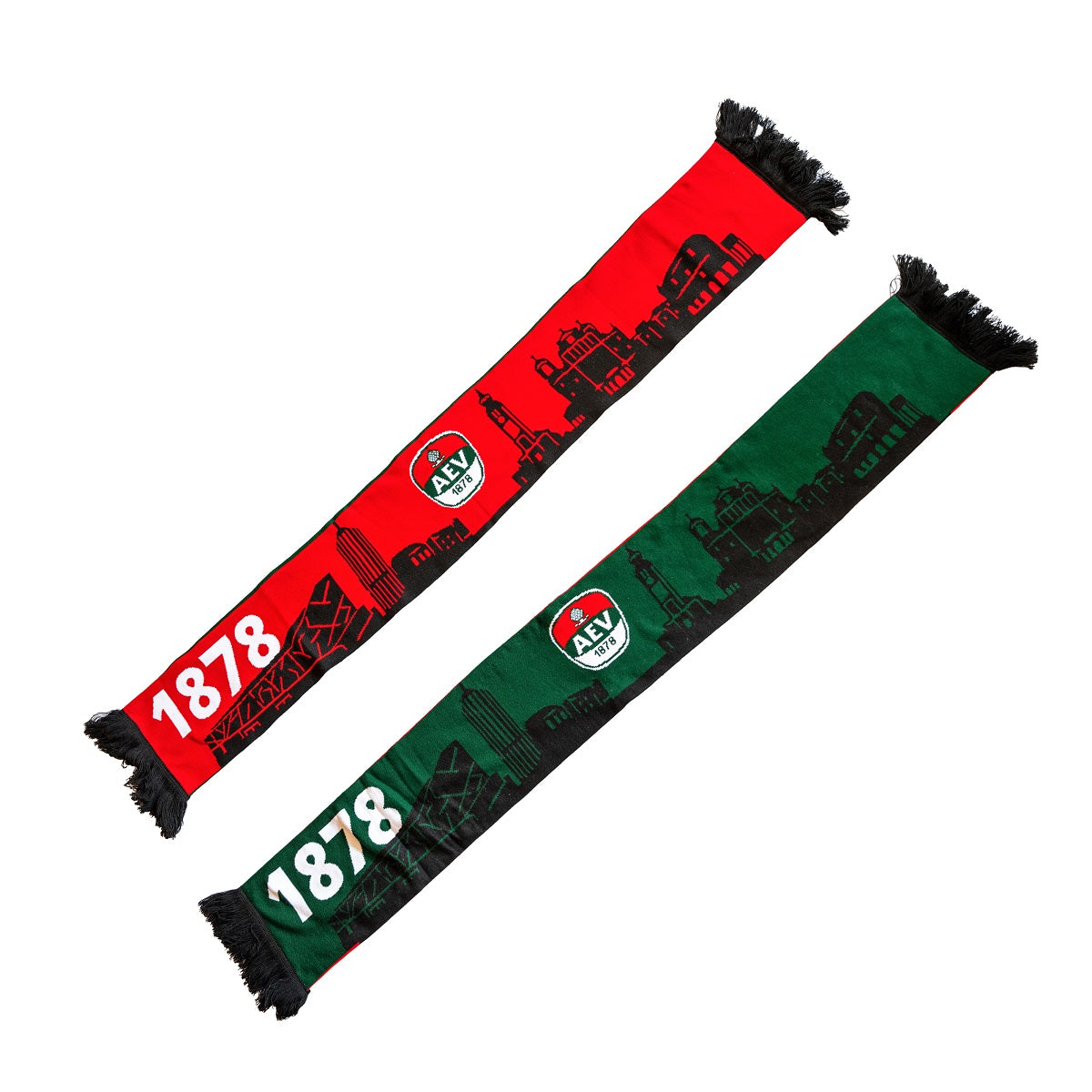 Auf beiden Seiten des Schals ist eine Skyline mit u.a. Curt-Frenzel-Stadion und Rathaus abgebildet. Auf der einen Schalseite ist der Hintergrund rot, auf der anderen grün. Jeweils mittig ist das AEV-Wappen platziert, links "1878".