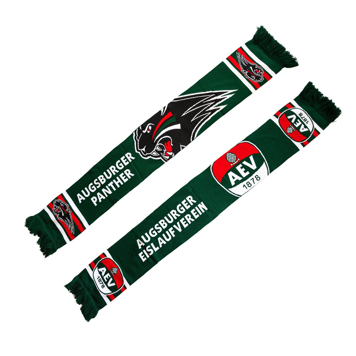 Auf der ersten Schalseite (im Bild oben) ist der Pantherkopf klein an den Seiten und groß in der Mitte zu sehen, daneben der Schriftzug "Augsburger Panther. Auf der zweiten Schalseite (im Bild unten) ist das AEV-Wappen klein an den Seiten und groß in der Mittte neben dem Schriftzug "Augsburger Eislaufverein" zu sehen.