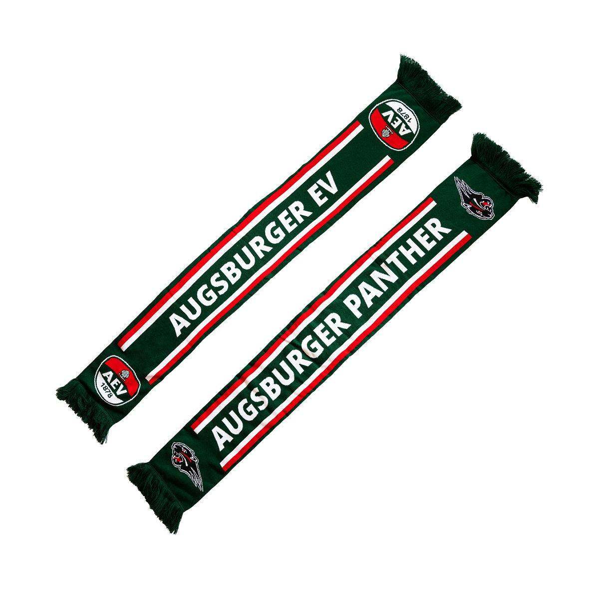 Vorderseite: Augsburger EV Schriftzug zwischen rot-weißen Längsstreifen und AEV-Logos an beiden Enden. 
Rückseite: Augsburger Panther Schriftzug zwischen rot-weißen Längsstreifen und Pantherkopf an beiden Enden