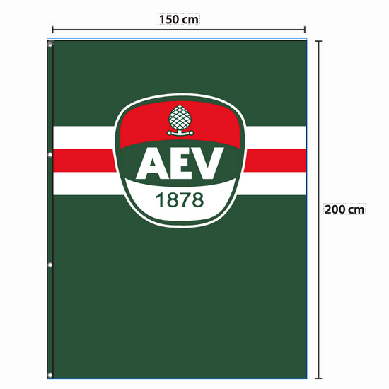 Grafik der Hissfahne, diese ist grün mit zweißen und einem roten Balken. Im oberen Teil befindet sich das AEV-Logo