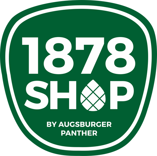 Das 1878-Shop Logo:  weißer 1878-Shop Schriftzug auf grünem Untergrund in der Form des AEV-Logos