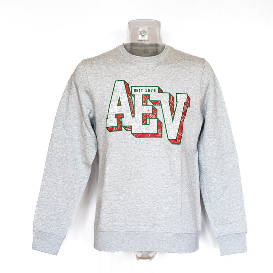 Vorderseite: Grauer Sweater mit großem 3D-Schriftzug AEV auf der Brust, in den Buchstaben ist der Stadtplan abgebildet