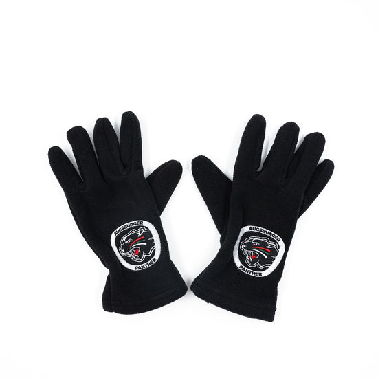 Ein Paar Schwarze Baumwollhandschuhe mit dem Panther-Wappen jeweils auf dem Handrücken