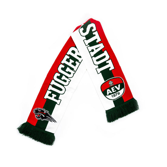 Rot-grün-weiß gestreifter Fanschal mit Fuggerstadt-Schriftzug und Pantherkopf am einen, sowie AEV-Logo am anderen Ende