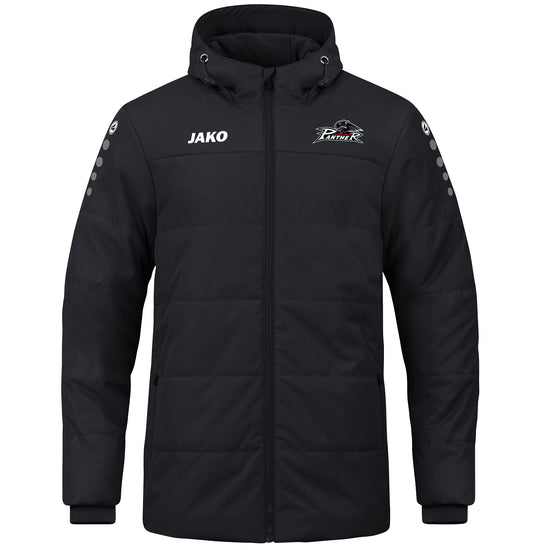 Schwarze Winterjacke mit JAKO-Logo auf der rechten und Pantherlogo auf der linken Brust.