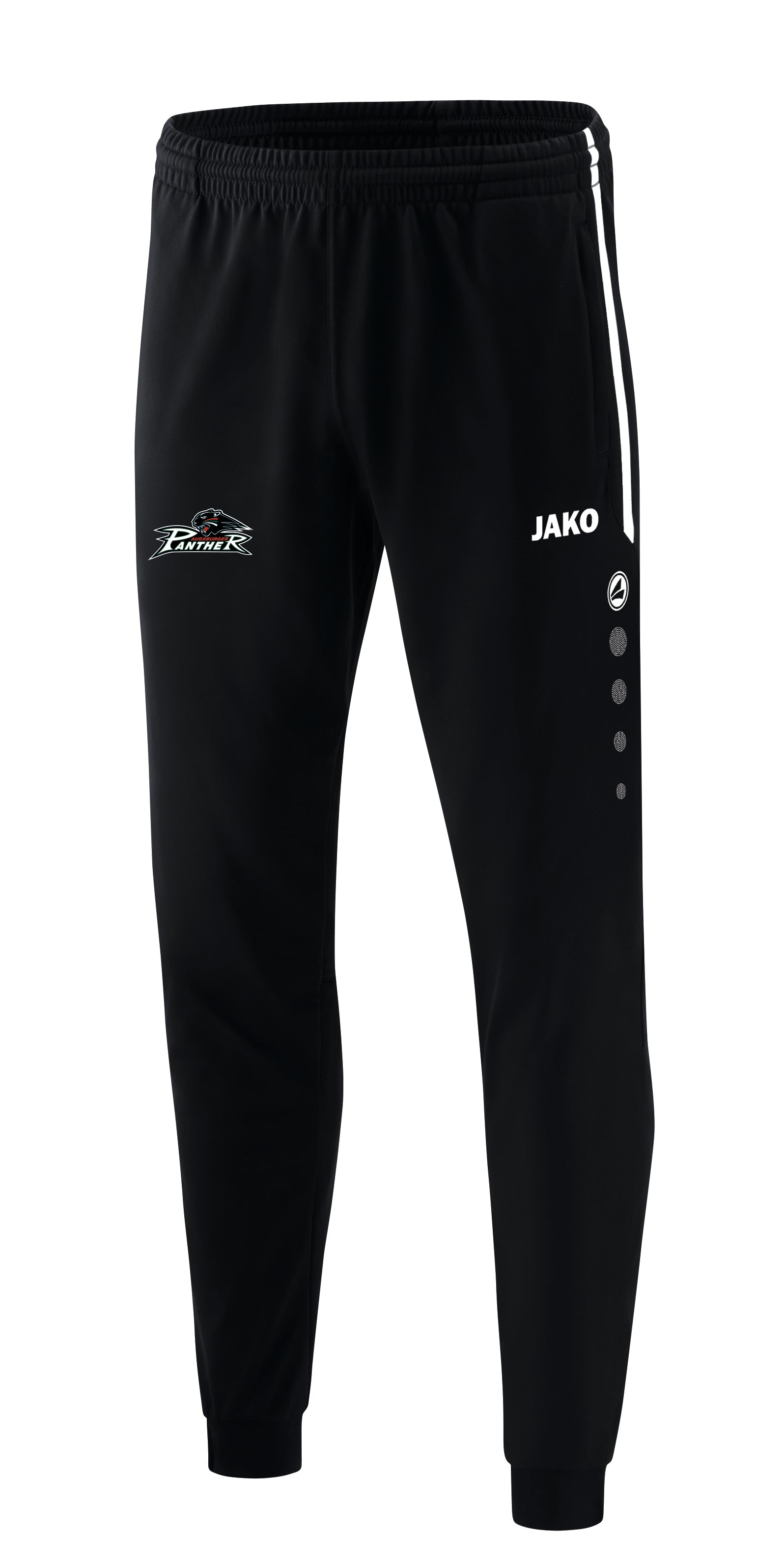 lange schwarze Jogginghose mit Panther-Logo auf dem rechten und JAKO-Patch auf dem linken Hosenbein