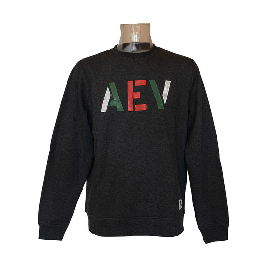 Dunkelgrauer Baumwollsweater mit großem rot-grün-weißem AEV-Schriftzug 