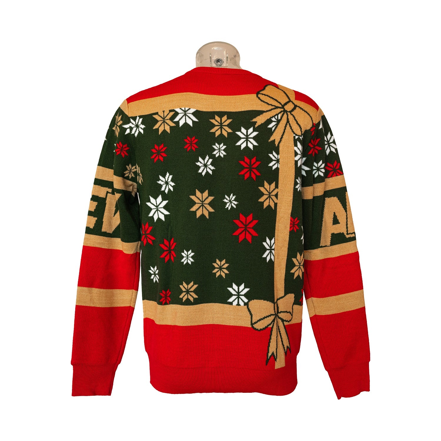 Rückansicht: Rot-gold-weiße Schneeflocken und goldenes Geschenkpapier