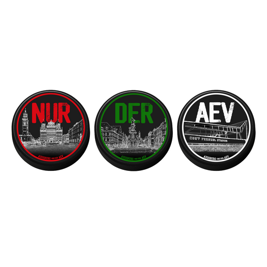 Abbildung der drei Pucks mit den Motiven Rathaus, Maxstraße und Curt-Frenzel-Stadion