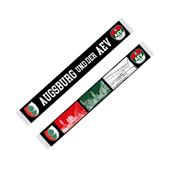 Schalvorderseite mit Stadtwappen, "AUGSBURG UND DER AEV" sowie AEV-Logo, Schalrückseite mit den Motiven Rathaus, Maxstraße und Curt-Frenzel-Stadion sowie Stadtwappen und AEV-Logo