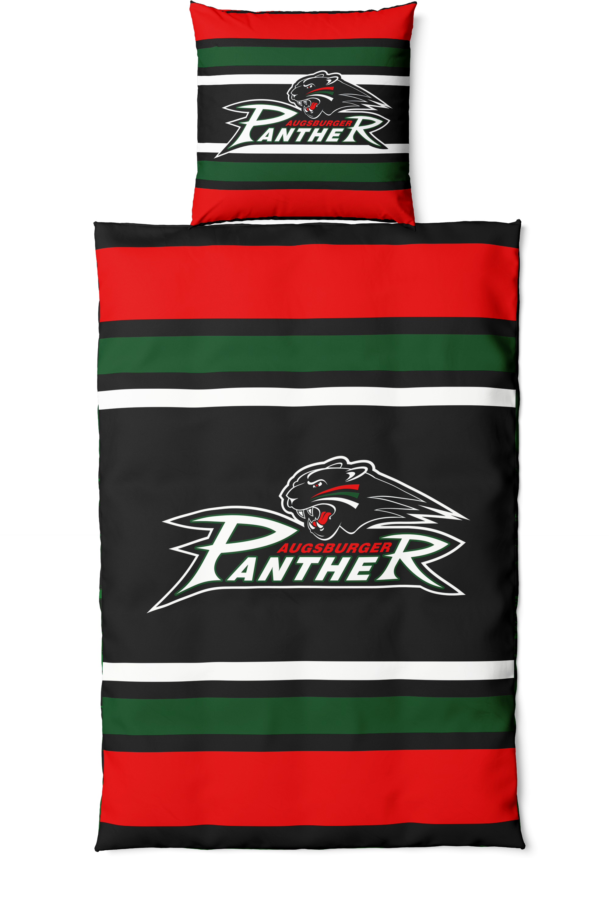 Rückseite Wendebettwäsche: Schwarze Decke mit Rot-grün-weißen Balken und großem Pantherlogo in der Mitte. Gleiches Design auf dem Kissen darüber.