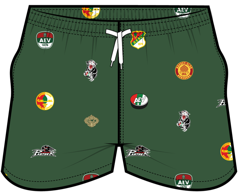 Vorderansicht einer grünen Badeshort mit Ansammlung vieler Logos der Augsburger Eishockeygeschichte
