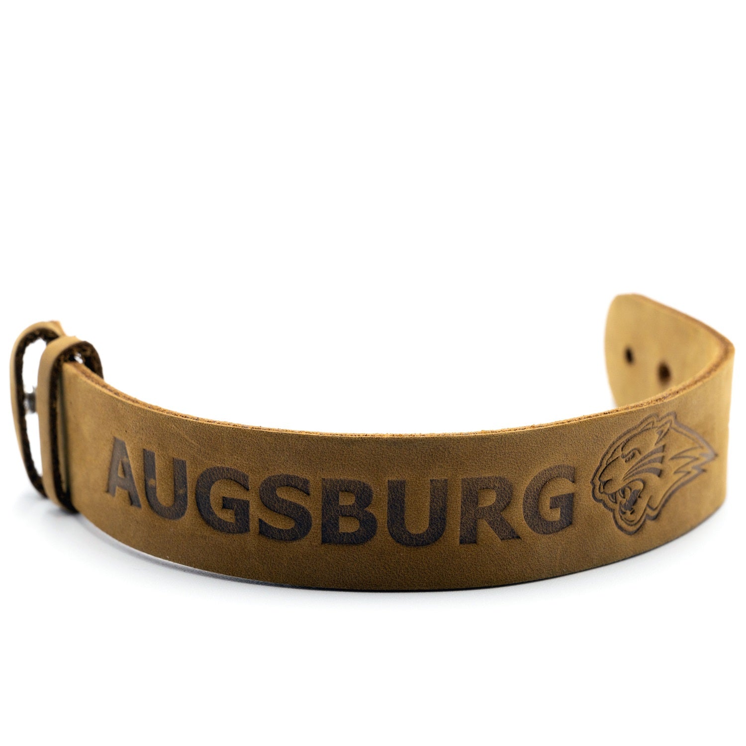 offenes Lederarmband mit Augsburg-Schriftzug und Pantherkopf. 