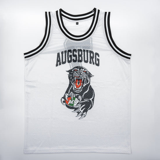 Basketnallshirt aus Netz-Stoff mit großem Augsburg-Schriftzug und Retro-Panther auf der Brust. Auf dem Rücken ist die 7.