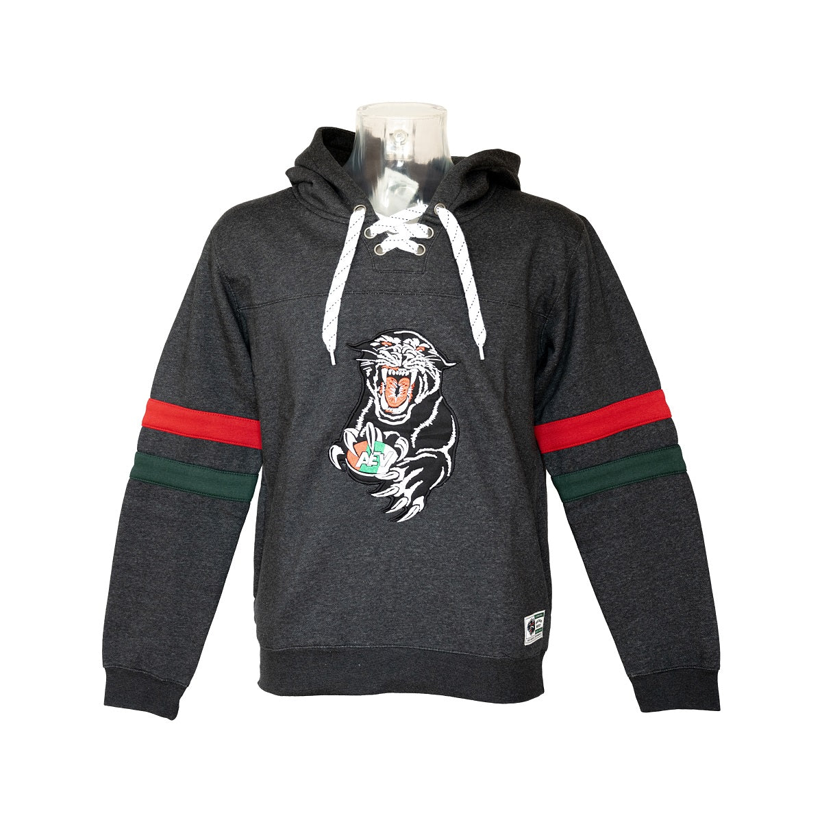 Hoody mit Retro-Panther Stick, rot-grünen Streifen auf den Ärmeln und Schnürsenkeln (nicht bei Gr .128-152) 