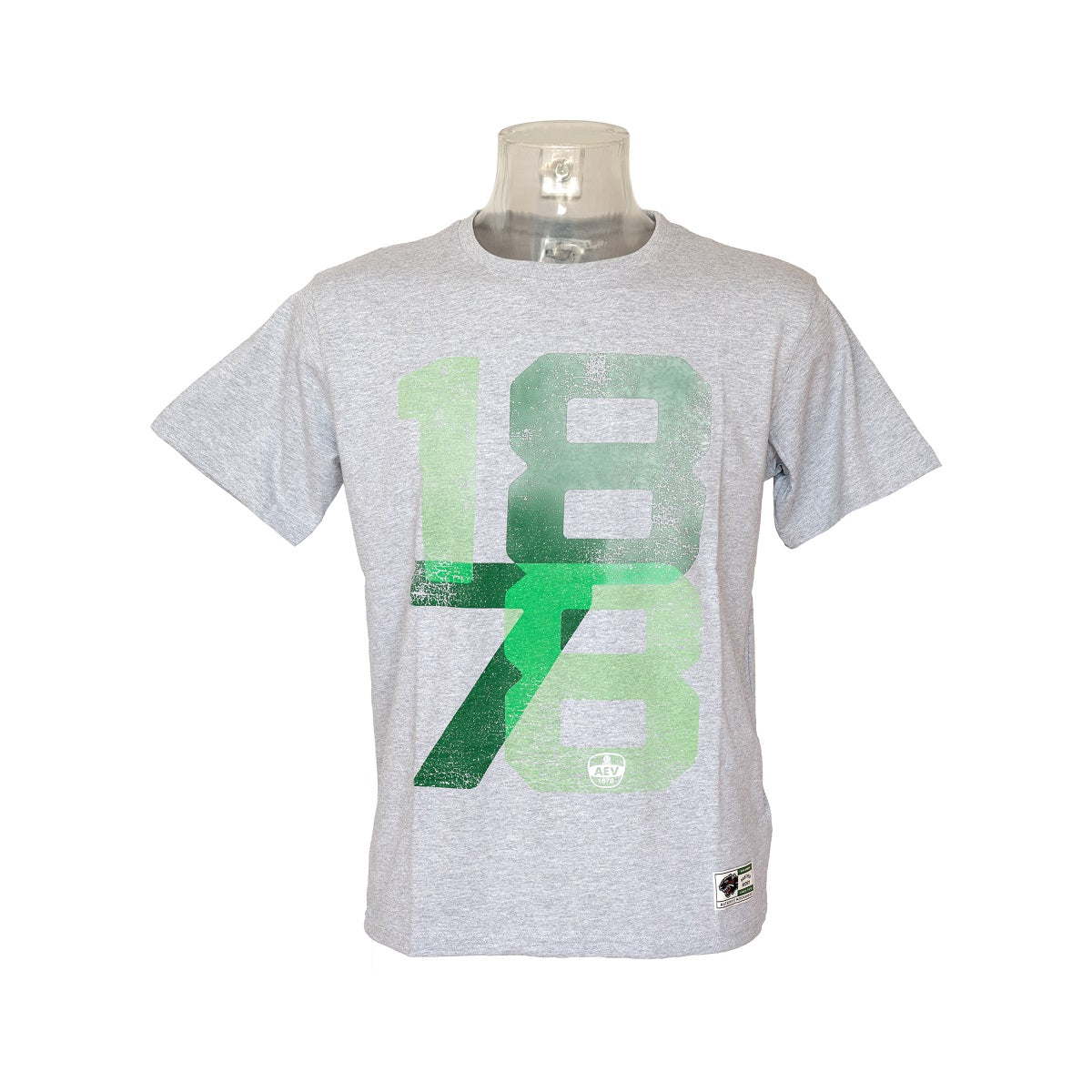 graues Shirt mit grünem "1878" Print, in der "8" ist ein AEV-Logo abgedruckt
