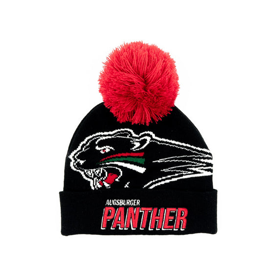 Kindermütze mit rotem Bommel, Pantherkopf und "AUGSBURGER PANTHER" Schriftzug auf der Krempe
