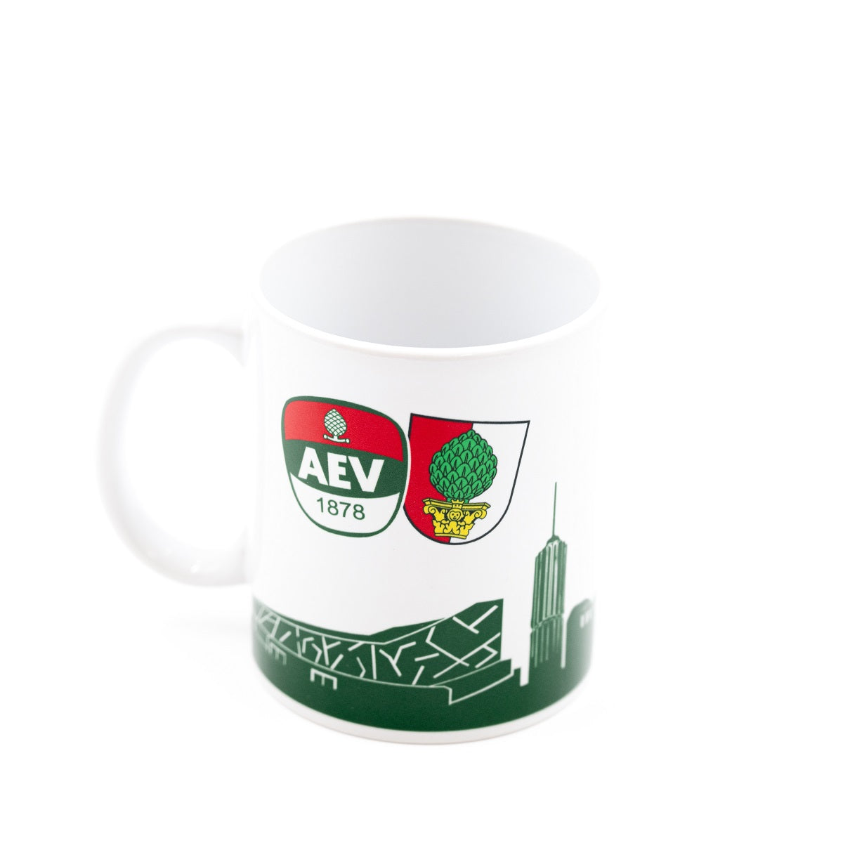 im oberen Teil der Tasse ist das AEV- sowie das Augsburger Stadtwappen, im unteren Teil der Tasse eine Skyline von Augsburg zu sehen