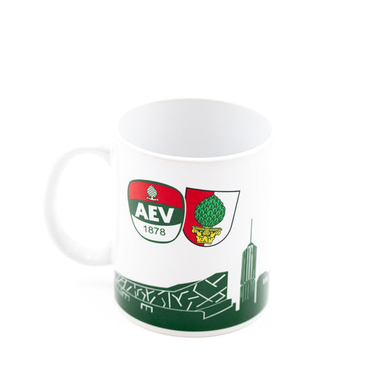 im oberen Teil der Tasse ist das AEV- sowie das Augsburger Stadtwappen, im unteren Teil der Tasse eine Skyline von Augsburg zu sehen