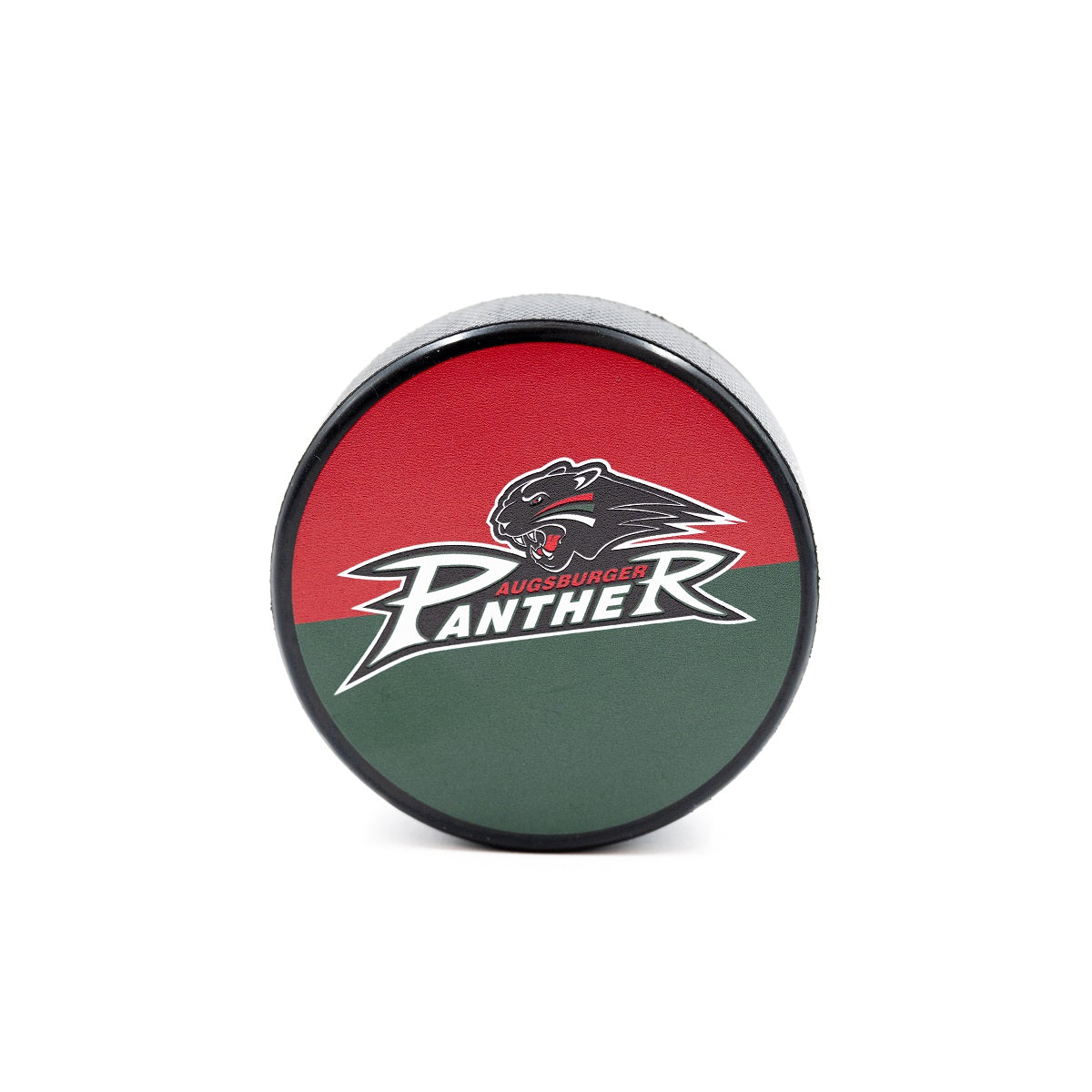 Puck mit rot-grünem Hintergrund und darauf gedrucktem Pantherwappen