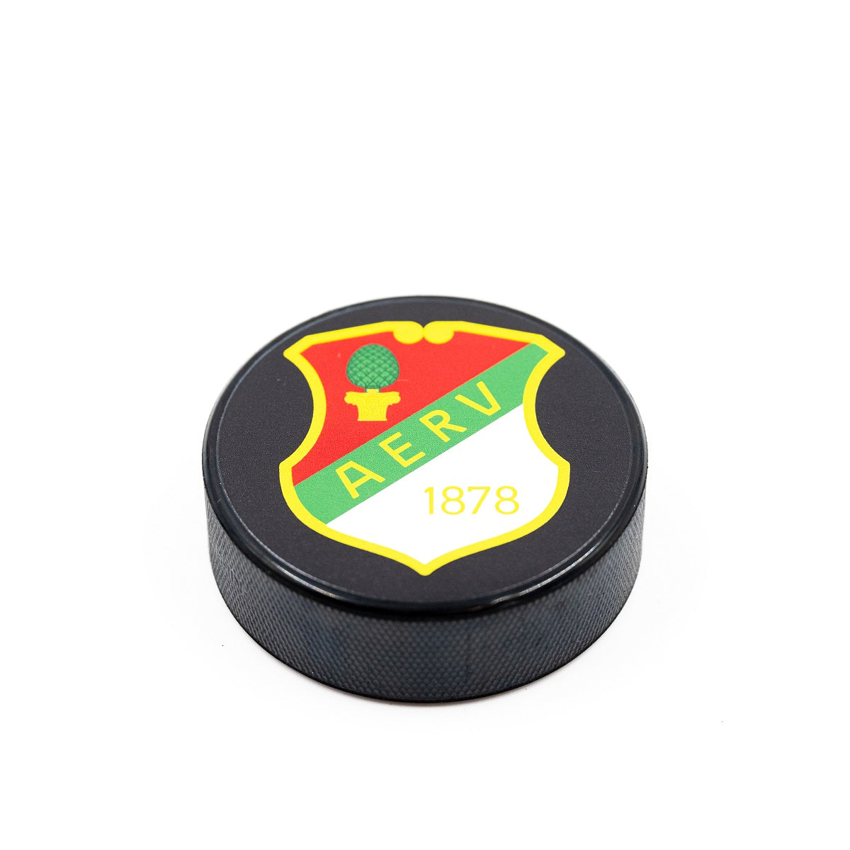Puck mit aufgedrucktem AERV-Logo