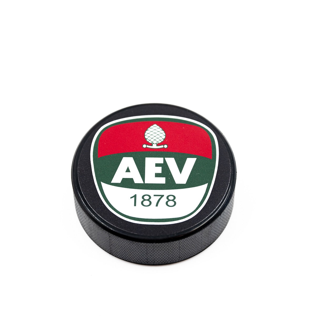 Puck mit aufgedrucktem AEV-Wappen