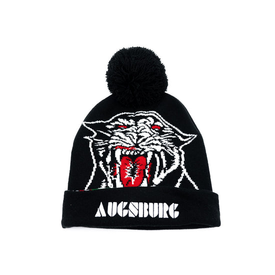 großflächige Darstellung des Retro-Panthers auf der Vorderseite der Mütze. Schwarzer Bommel und "AUGSBURG" Schriftzug auf der Krempe.