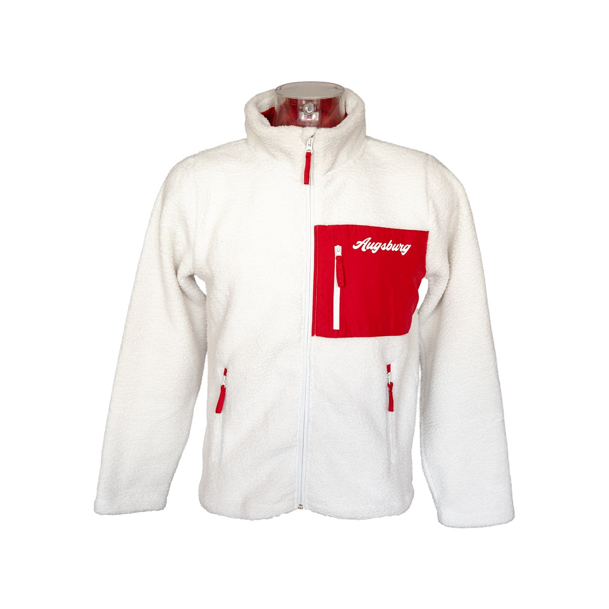 Frontalansicht der weißen Jacke Reißverschluss, roter Brusttasche mit "AUGSBURG" Schriftzug und zwei Seitentaschen mit Reißverschlüssen