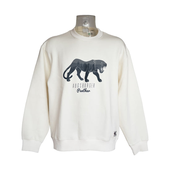 Cremeweißer Sweater mit Panther, in welchem eine Skyline von Augsburg zu sehen ist. Darunter steht "Augsburger Panther".