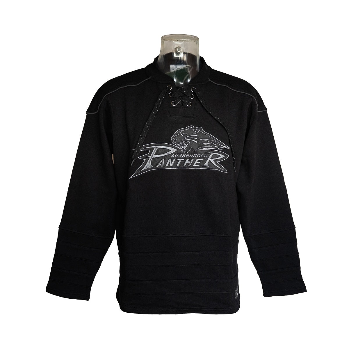 schwarzer Hoody ohne Kapuze mit Schnürsenkeln und gesticktem Logo der Augsburger Panther.