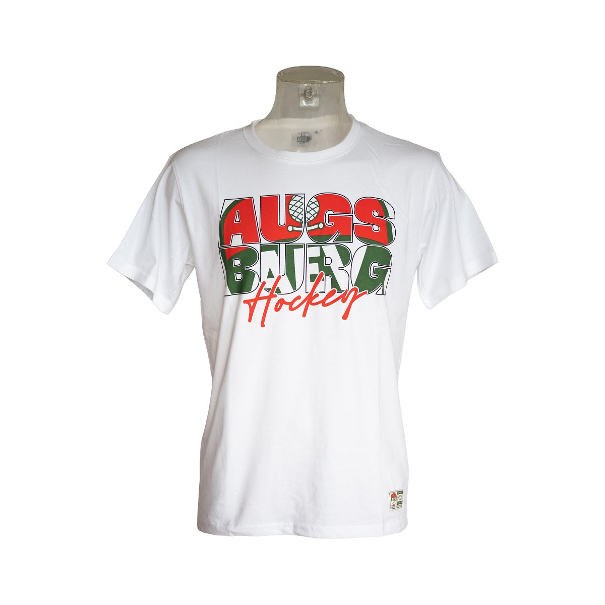 weißes T-Shirt mit Aufdruck "Augsburg Hockey" und in diesem integrierten AEV-Logo