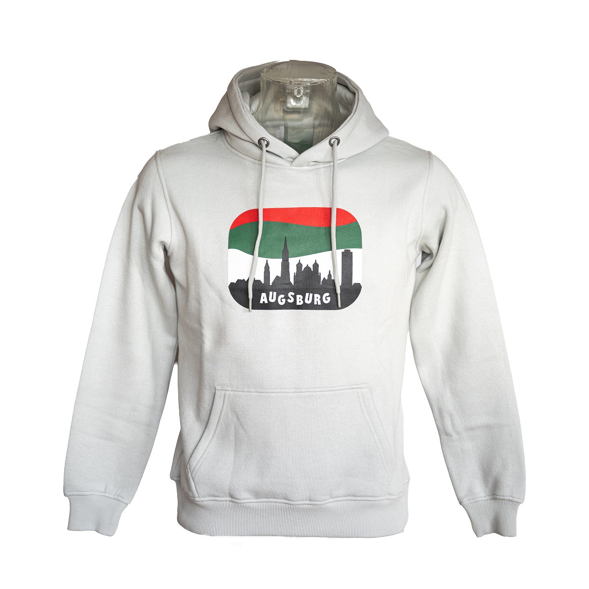 grauer Hoody mit Skyline-Motiv Augsburgs, der Horizont hinter der Skyline ist rot-grün-weiß