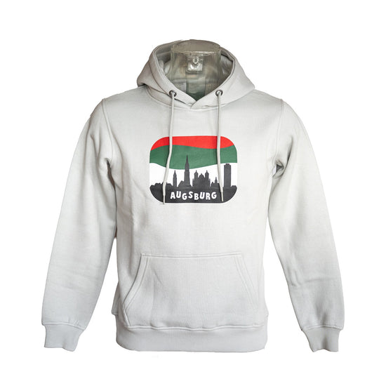 grauer Hoody mit Skyline-Motiv Augsburgs, der Horizont hinter der Skyline ist rot-grün-weiß