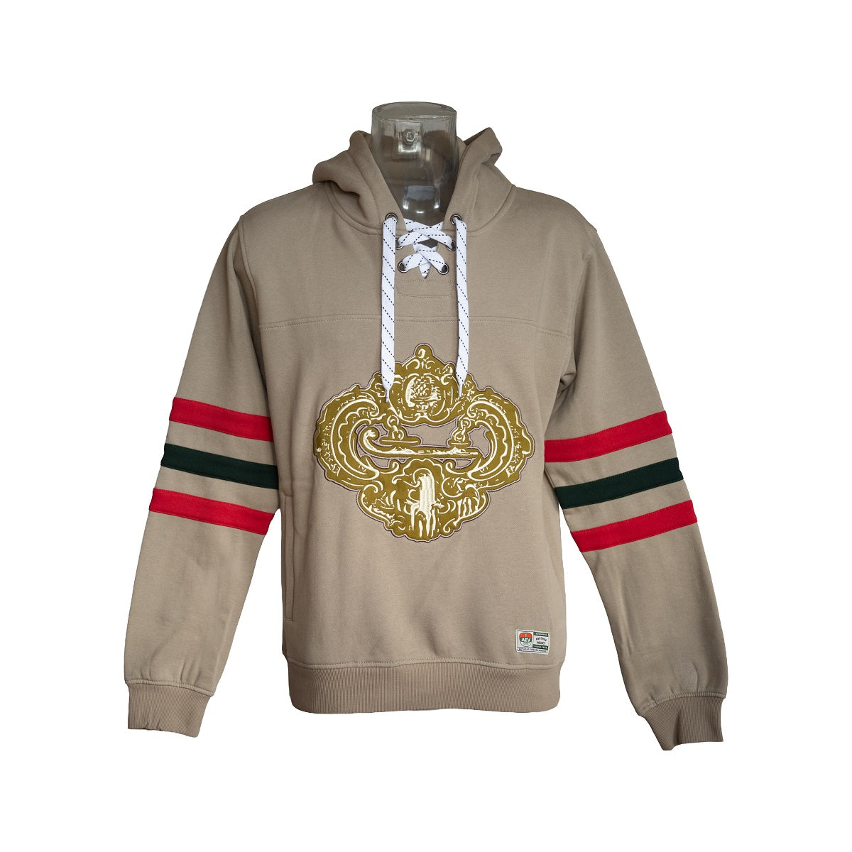 Hoody in Khaki mit Kapuze, Schnürsenkel und einem großen Stick der AEV-Plakette, dem ersten Logo der Augsburger Eissportgeschichte