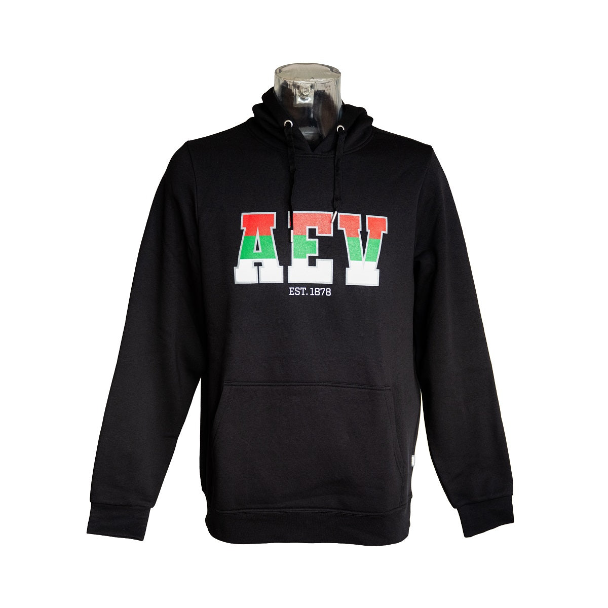 schwarzer Kapuzensweat mit "AEV" Print in rot-grün-weiß. Darunter in klein geschrieben "Est. 1878"