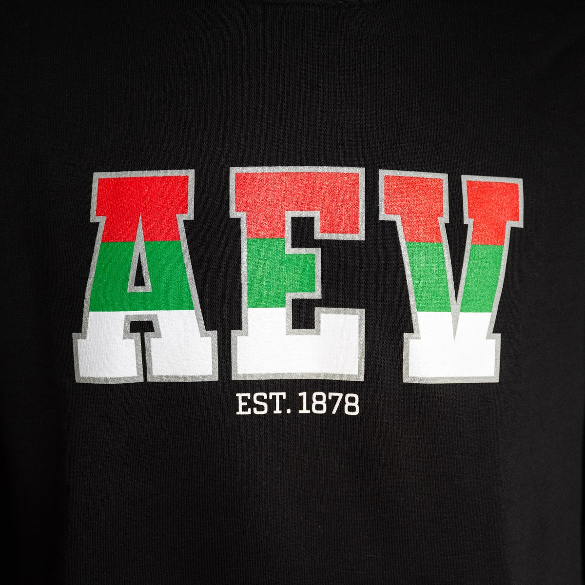 Nahaufnahme "AEV" Print in rot-grün-weiß. Darunter in klein geschrieben "Est. 1878"