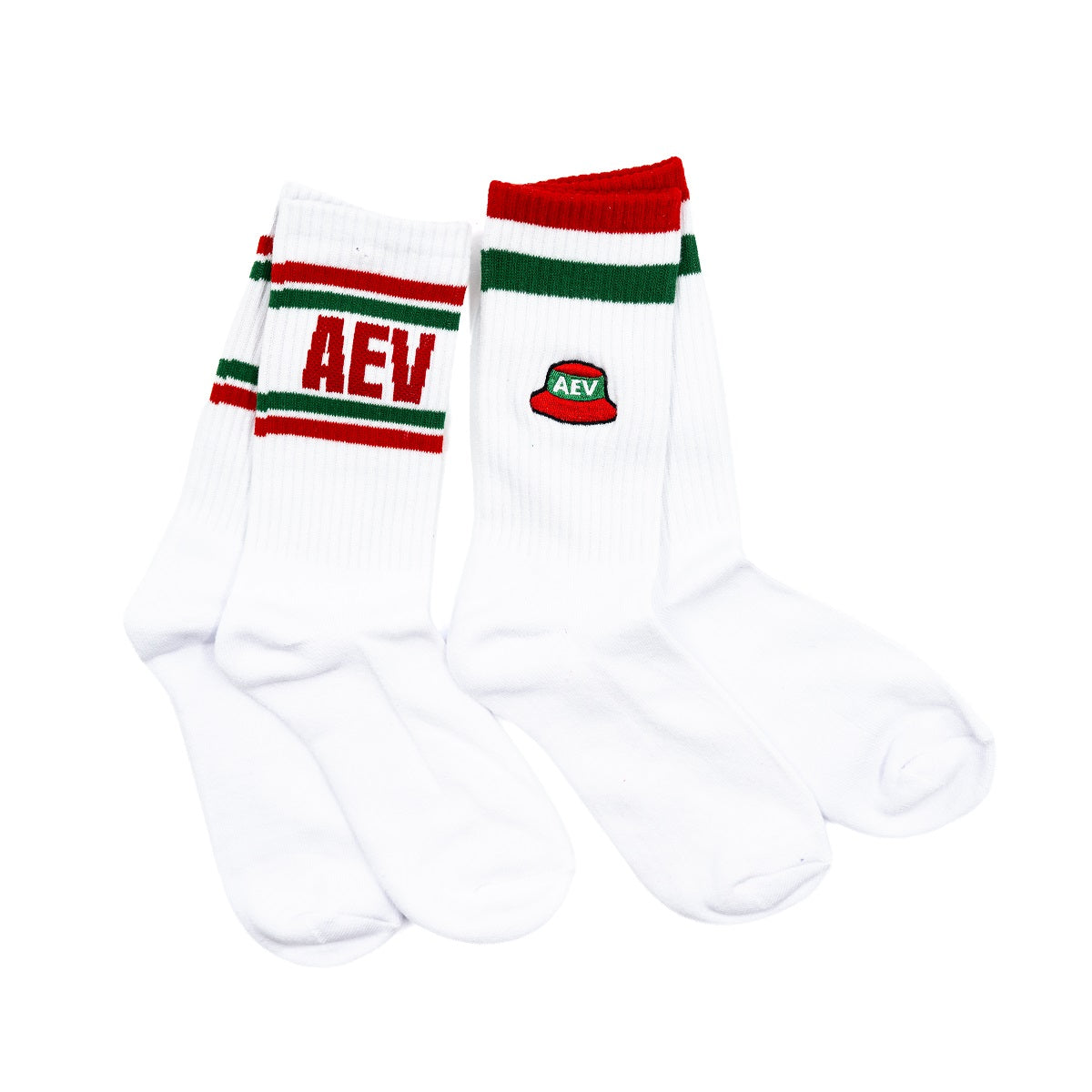 2 weiße Sockenpaare sind abgebildet:
1. Paar: 2 Socken Fischerhut AEV mit roten und grünem Balken
2. Paar: 2 Socken "AEV 1878" mit roten und grünen Balken