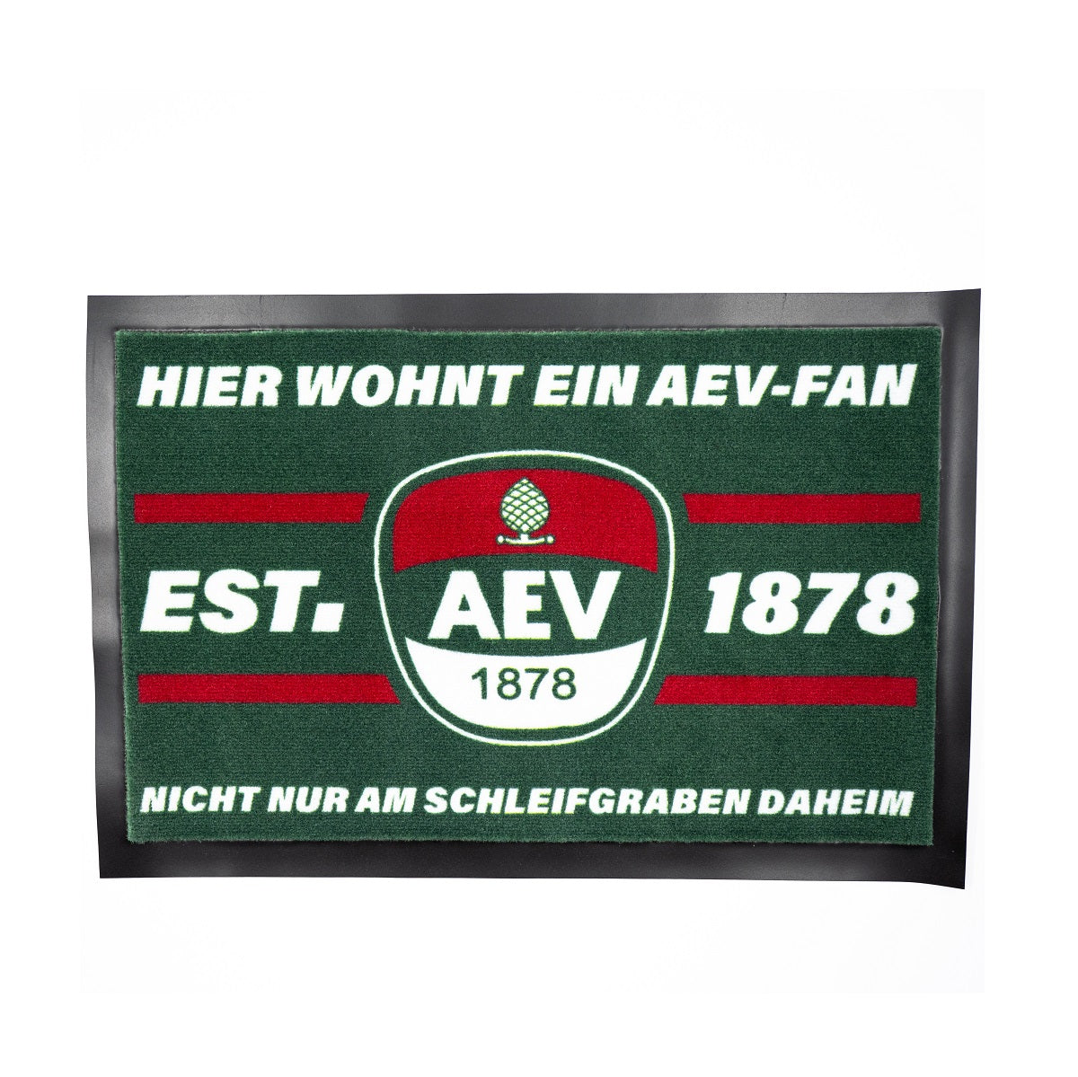 Fußmatte mit AEV Logo in der Mitte und Schriftzug "Hier wohnt ein AEV-Fan" oben, sowie "Nicht nur am Schleifgaben daheim". Neben dem AEV-Logo "Est. 1878"