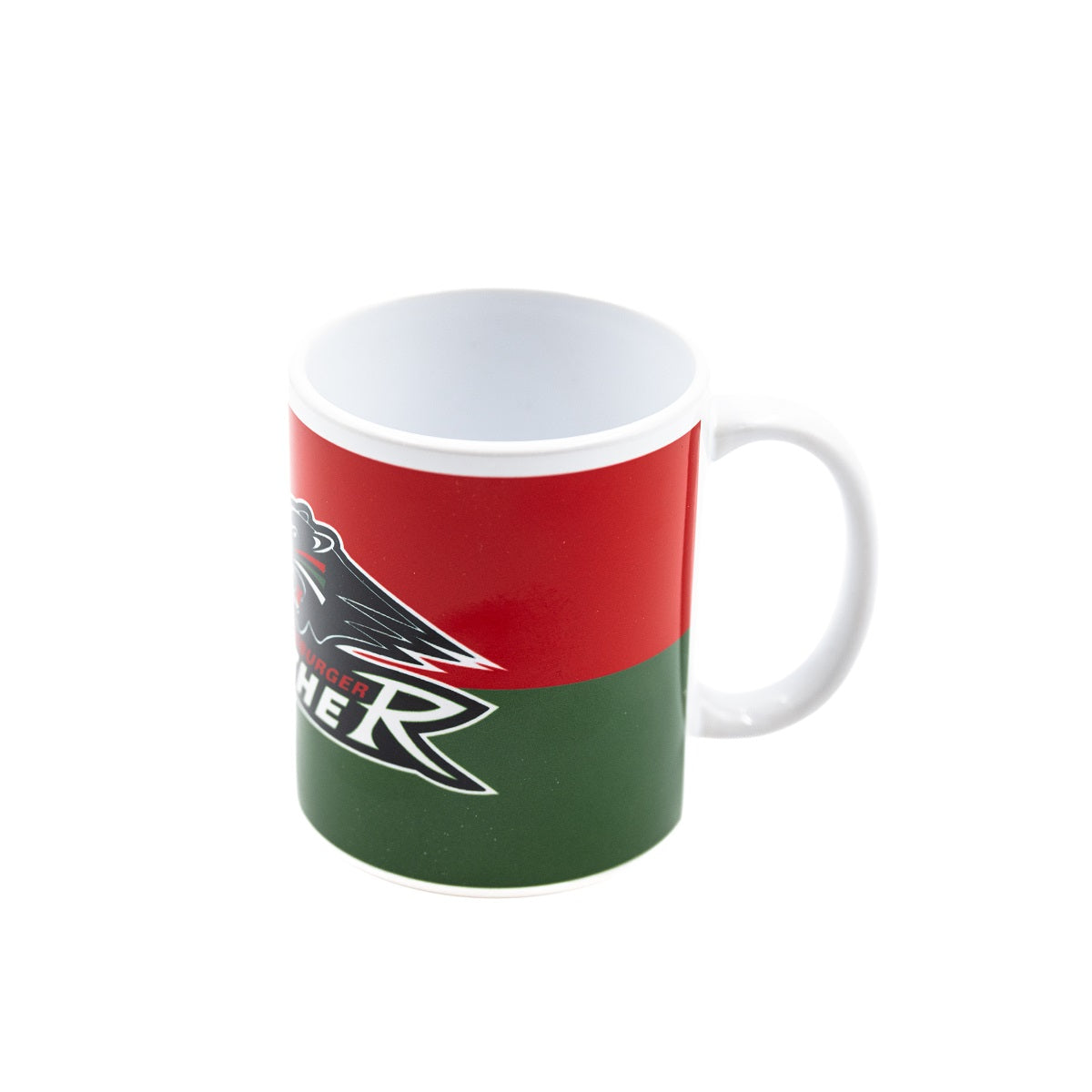 Tasse mit rot-grünem Hintergrund, auf welchem im Vordergrund das Pantherlogo abgebildet ist