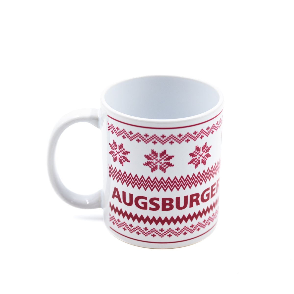Tasse mit Weihnachtsmotiven, AEV-Logo und dem Schriftzug "Augsburger Eislaufverein"