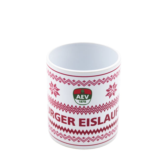 Tasse mit Weihnachtsmotiven, AEV-Logo und dem Schriftzug "Augsburger Eislaufverein"