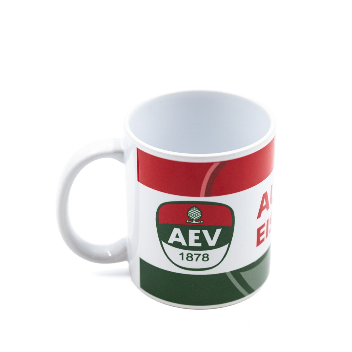 Tasse mit Ausschnitt des AEV-Logos großflächlig im Hintergrund sowie kleinerem AEV-Logo samt "Augsburger Eislaufverein" Schriftzug im Vordergrund